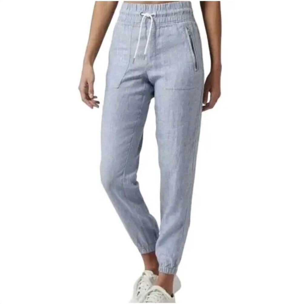 Athleta Cabo Linen Jogger Textured Pants High Waist Zip Ankle Pockets Blue 4